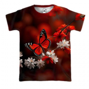 3D футболка з біло-червоними квітами та метеликом